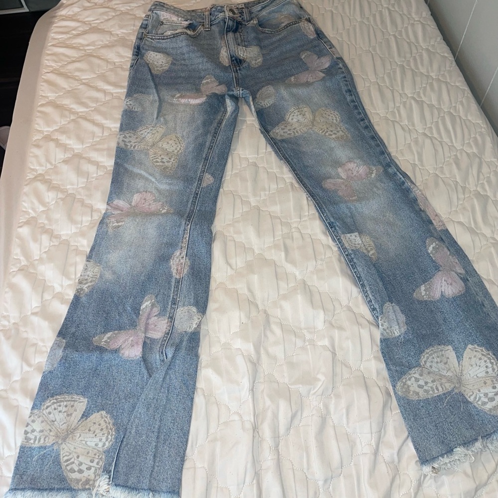 Tinseltown Blue Straight Leg Jeans with Artistic Butterfly Design